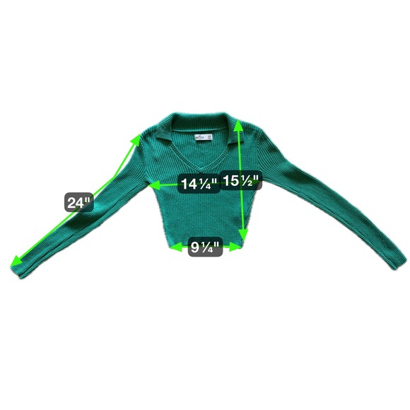 Hollister Ribbed Cropped Y2K Sweater XXS Green V-Neck Long Sleeve Fitted Chic - Picture 10 of 11